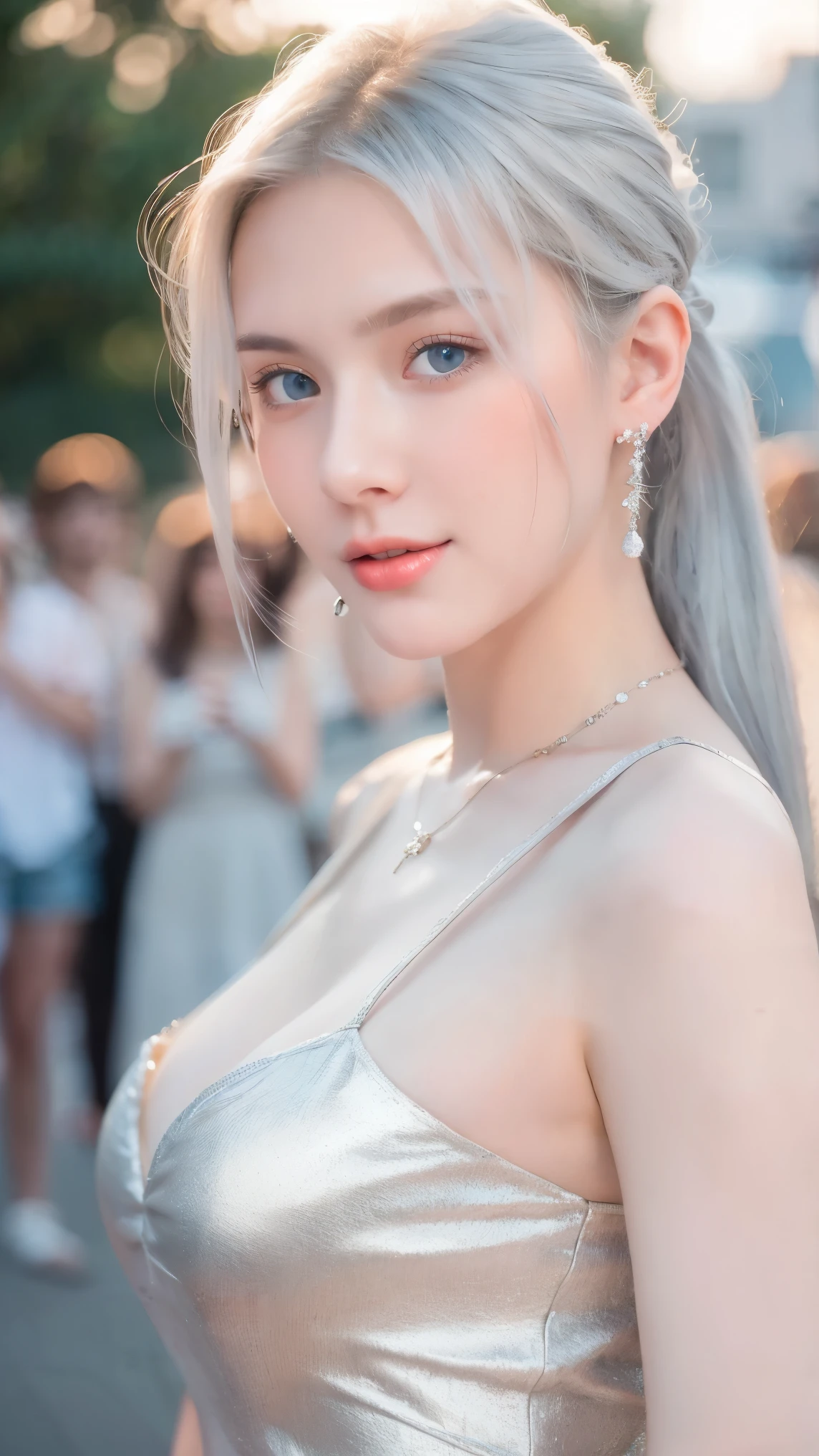 1 woman, beautiful, Young face, 20 years old, white skin, big breasts bare, sexy pose, Cocktail dress, blue eyes, muscle, Bokeh, Crowd background on the road, Masterpiece, ponytail, silver hair, Wear small silver earrings., wearing necklace