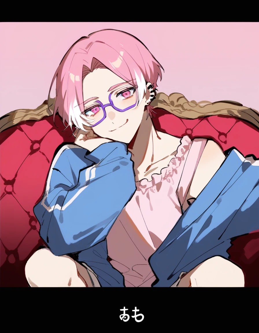 a young man with medium pink hair and some white highlights, UP TO THE NECK, piercings na orelha, hot pink eyes, short clothing. your chin rests under your hands in a perverted way. the pink, red and orange are colors present in her sexy and short outfit, next to clear and purple glasses. He smiles mischievously and seductively, sitting on the big sofa with elbow on the arm of the sofa. femboy, 精致的面容. white short shorts, short pink blouse, open blue jacket. sexy boy. detailled image, HD. cute smile.  clear living room, comfortable environment, sofá fofthe pink pastel, sitting not sofa