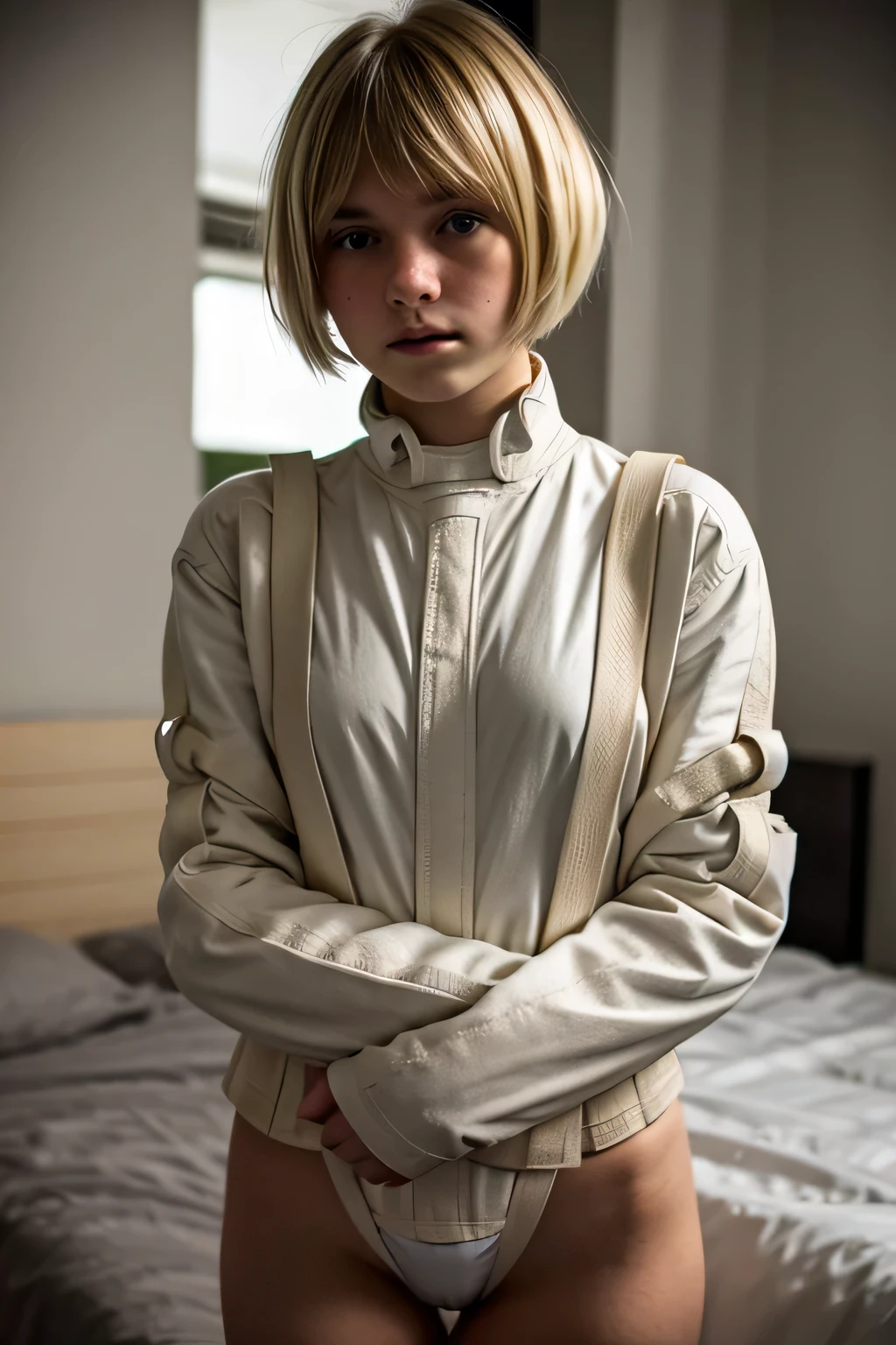 A blonde 18 yo girl looking sad in a straight jacket. Pixie cut.