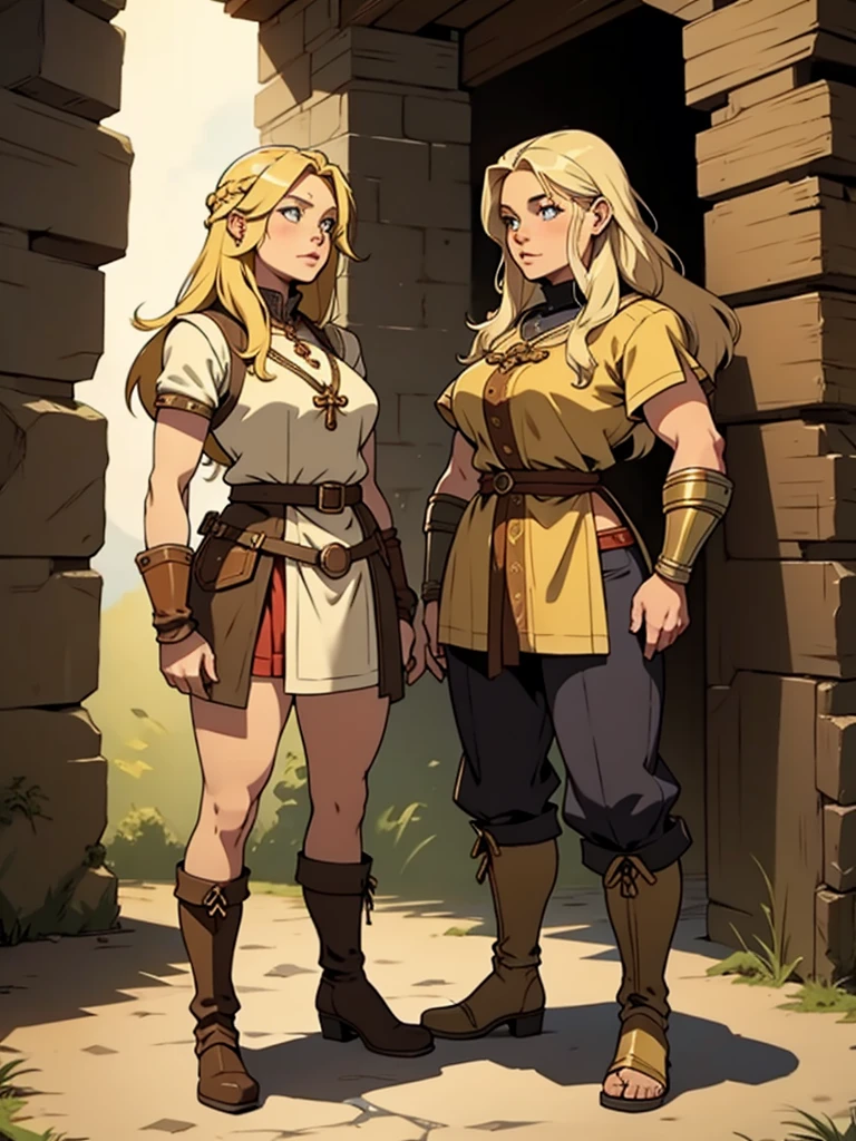 Sturdy blonde viking woman standing beside a small brunette dwarf woman