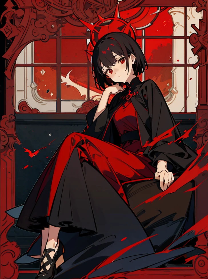 A gurl with black short hair a fanatsy red gown red eyes sitting down next to a window cold expression night time