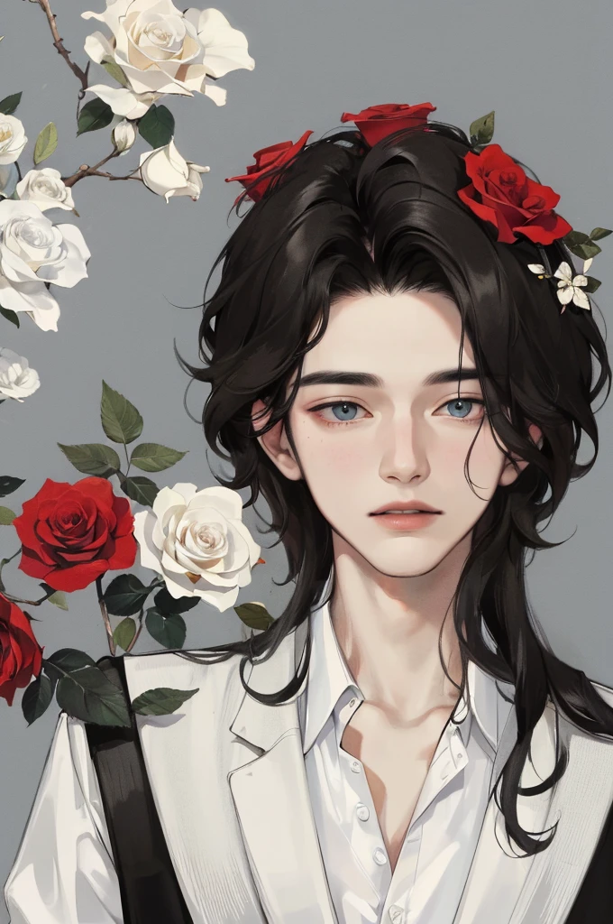 （high resolution, Ultra-detailed), 1 male, Adult, Very handsome,Delicate eyes and delicate face, Black hair, Very handsome, Suit，Flowers blooming light and shadow dream,Red rose,
