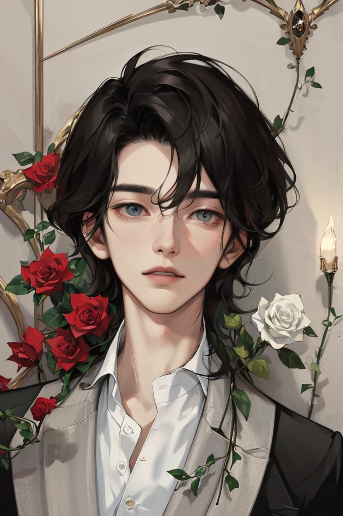 （high resolution, Ultra-detailed), 1 male, Adult, Very handsome,Delicate eyes and delicate face, Black hair, Very handsome, Suit，Flowers blooming light and shadow dream,Red rose,
