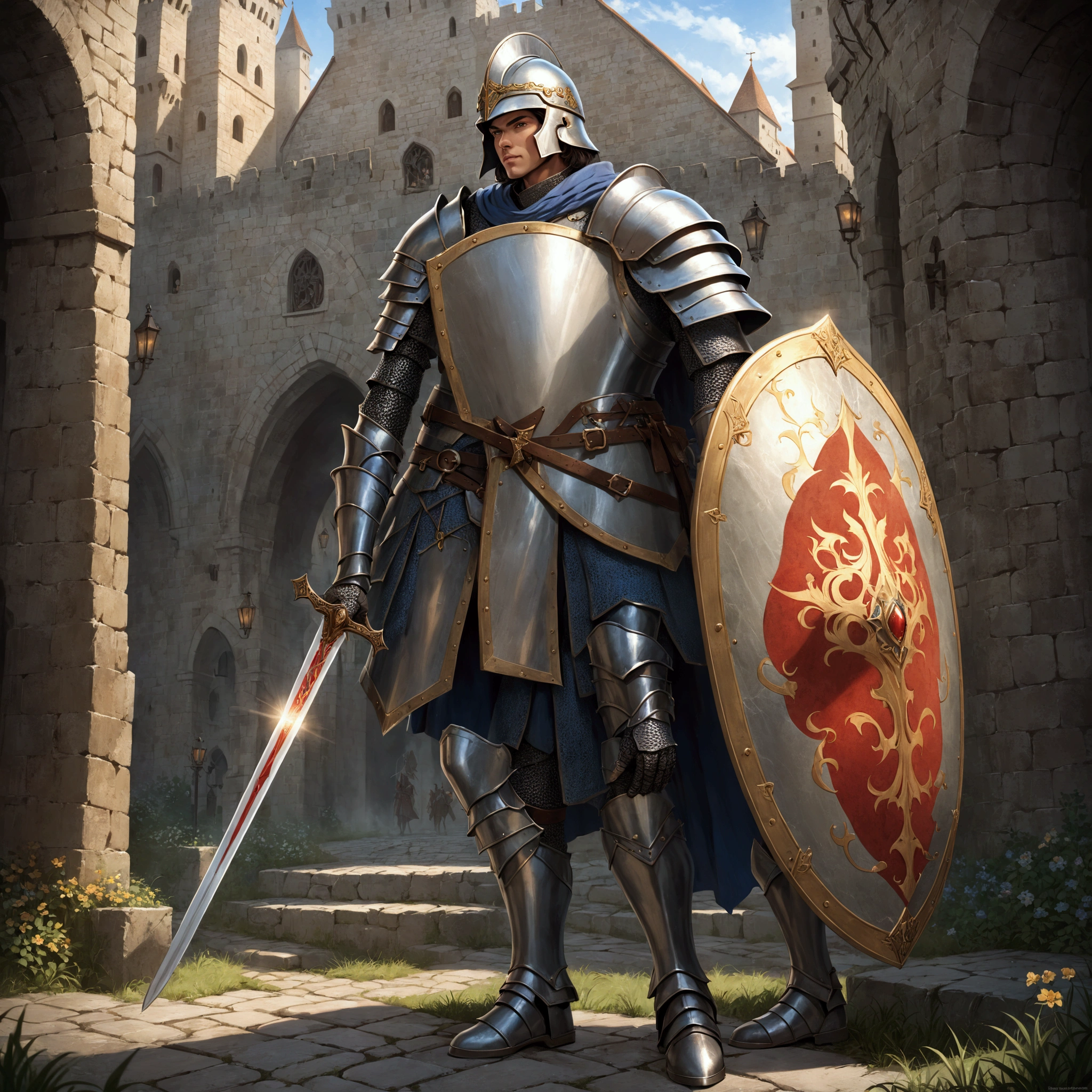 A man(Soldiers of medieval Europe)，Wear a helmet，Wearing armor，Holding a sword，Holding a shield，Stand at the city gate。Mid-ground composition，Full body pictures，Characters and scenes，Anime style，Magic: The Gathering Style，Suitable for card illustrations。HD，4K。