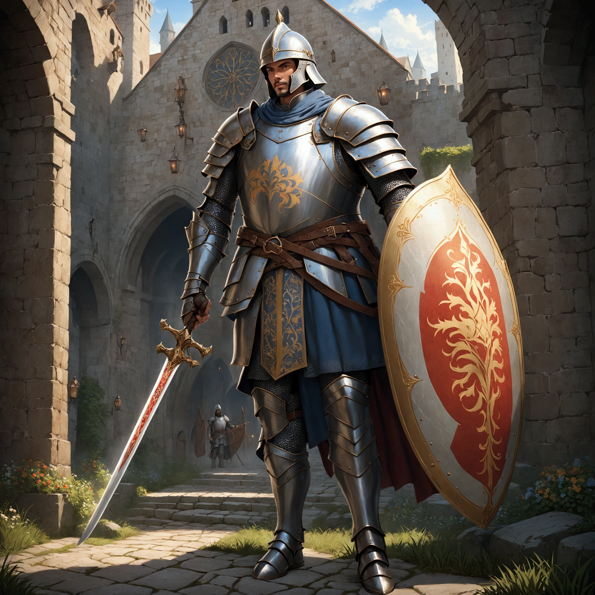 A man(Soldiers of medieval Europe)，Wear a helmet，Wearing armor，Holding a sword，Holding a shield，Stand at the city gate。Mid-ground composition，Full body pictures，Characters and scenes，Anime style，Magic: The Gathering Style，Suitable for card illustrations。HD，4K。