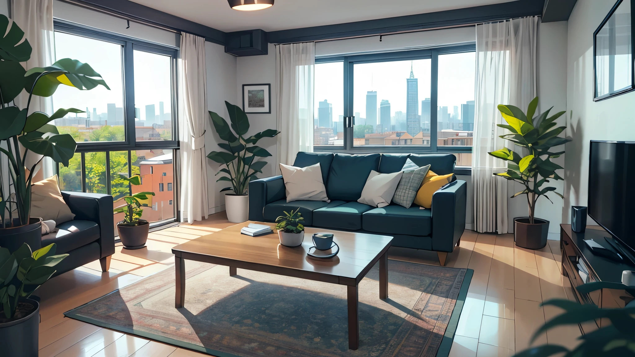 High level of image quality、Living room at home,Warmth,clean,Green plants,Simple,Head-up,City,The city outside the window