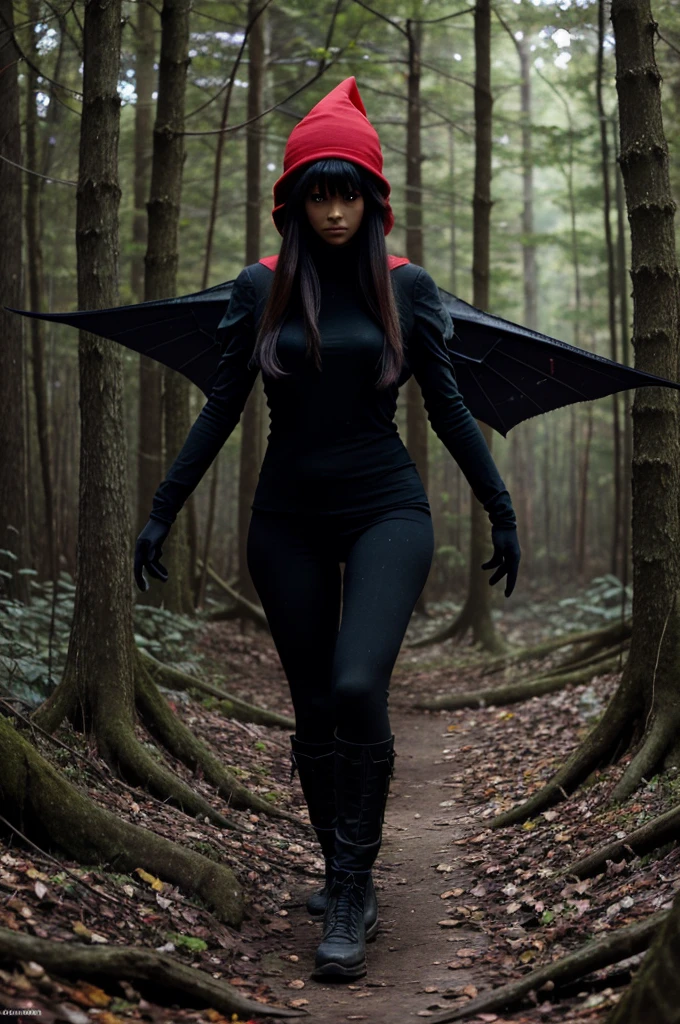 A scary creature walking in dark forest, look like a spider and having 2 wings, creature also wearing a red colour hat