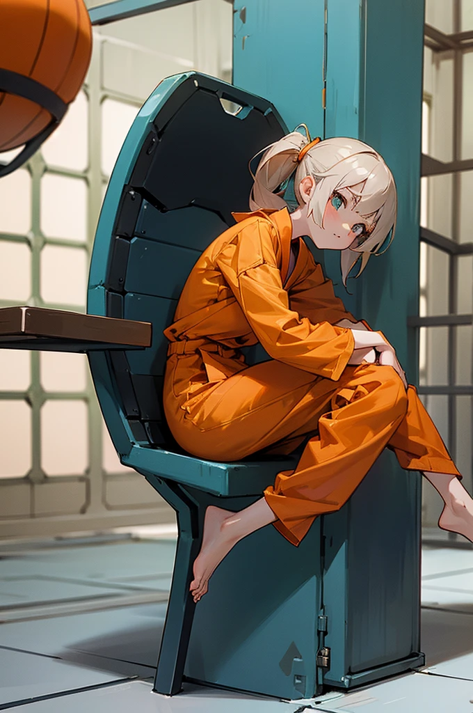 Anime girl, barefoot, wearing an orange jumpsuit, sitting on a bed inside a prison cell, shackled, chains