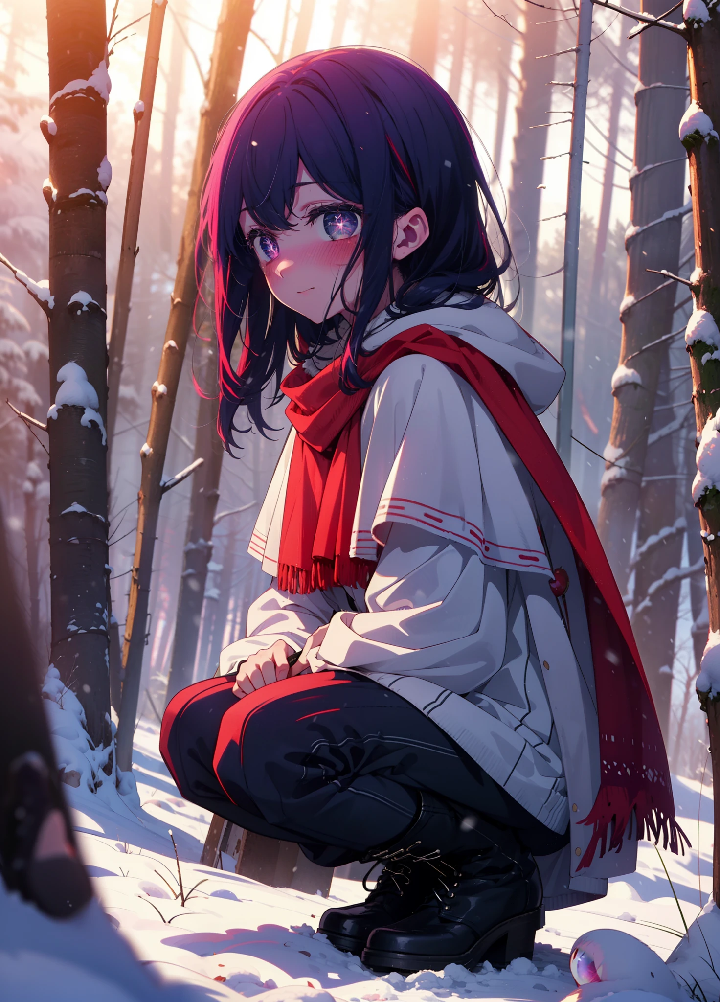 aihoshino, Ai Hoshino, Long Hair, bangs, (Purple eyes:1.1), Purple Hair, (Symbol-shaped pupil:1.5), smile,,smile,blush,white breath,
Open your mouth,snow,Ground bonfire, Outdoor, boots, snowing, From the side, wood, suitcase, Cape, Blurred, , forest, White handbag, nature,  Squat, Mouth closed, Cape, winter, Written boundary depth, Black shoes, red Cape break looking at viewer, Upper Body, whole body, break Outdoor, forest, nature, break (masterpiece:1.2), Highest quality, High resolution, unity 8k wallpaper, (shape:0.8), (Beautiful and beautiful eyes:1.6), Highly detailed face, Perfect lighting, Highly detailed CG, (Perfect hands, Perfect Anatomy),