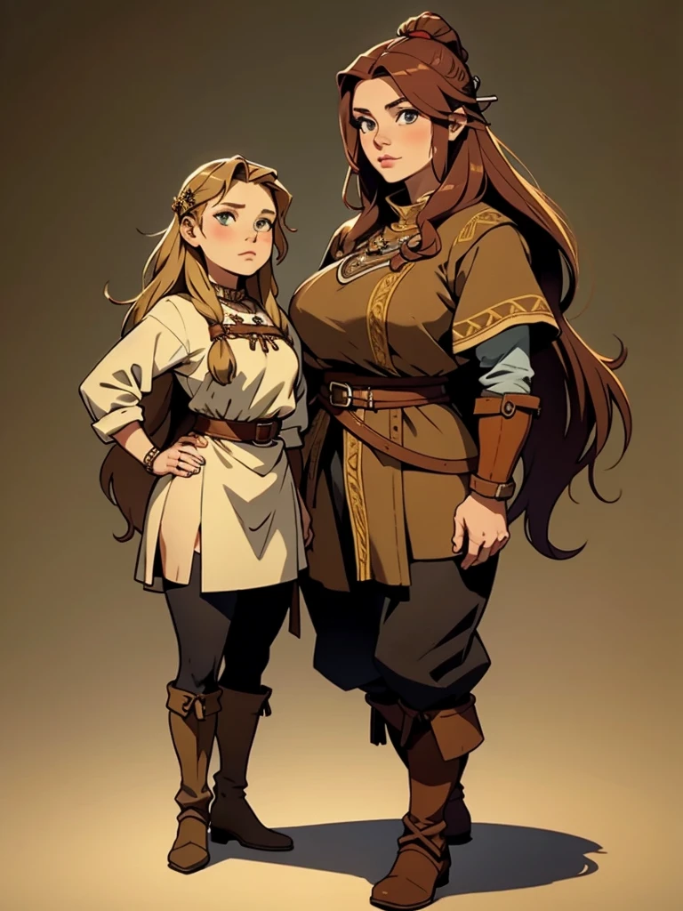 Sturdy viking woman standing beside a small dwarf woman