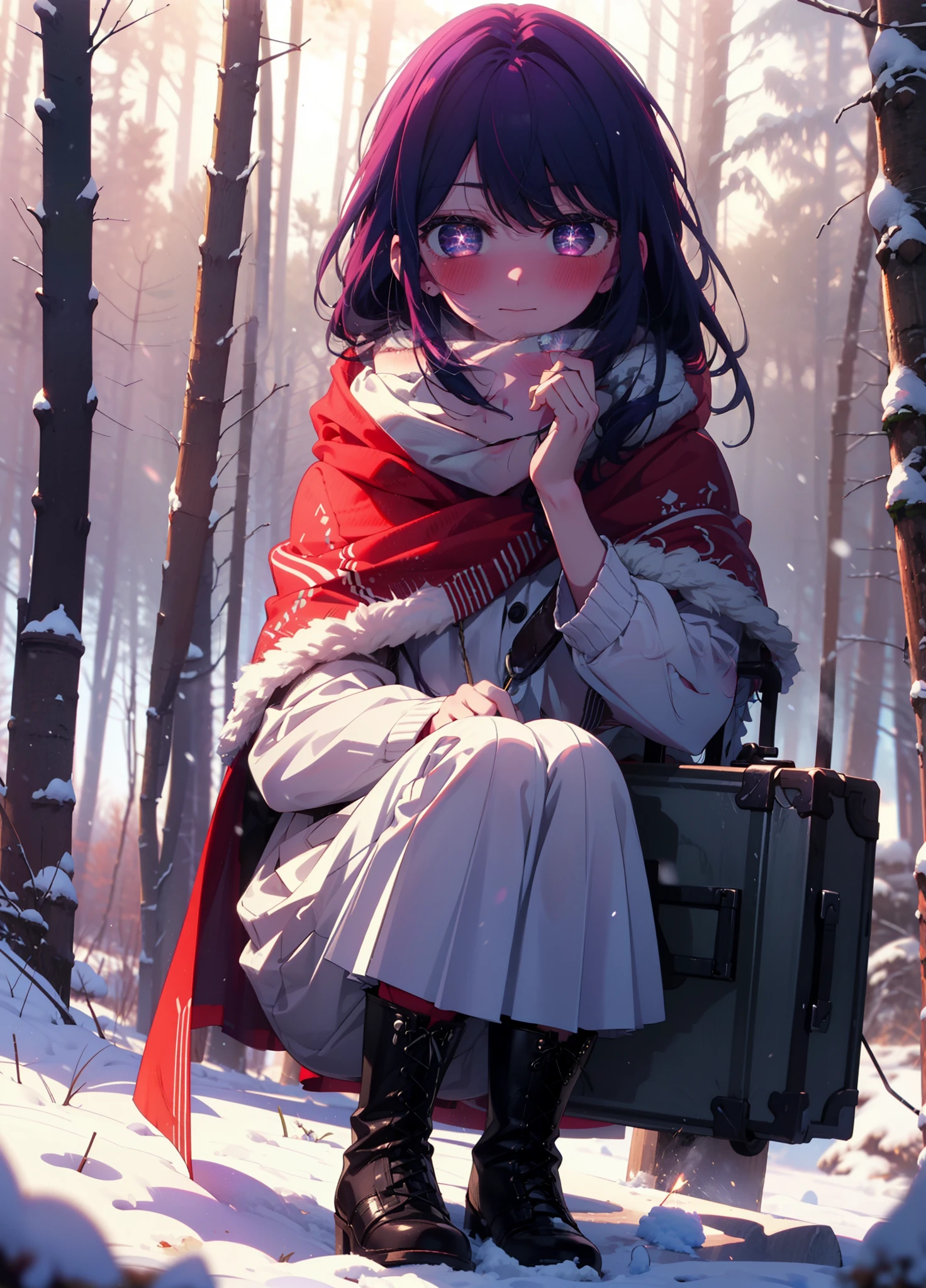 aihoshino, Ai Hoshino, Long Hair, bangs, (Purple eyes:1.1), Purple Hair, (Symbol-shaped pupil:1.5), smile,,smile,blush,white breath,
Open your mouth,snow,Ground bonfire, Outdoor, boots, snowing, From the side, wood, suitcase, Cape, Blurred, , forest, White handbag, nature,  Squat, Mouth closed, Cape, winter, Written boundary depth, Black shoes, red Cape break looking at viewer, Upper Body, whole body, break Outdoor, forest, nature, break (masterpiece:1.2), Highest quality, High resolution, unity 8k wallpaper, (shape:0.8), (Beautiful and beautiful eyes:1.6), Highly detailed face, Perfect lighting, Highly detailed CG, (Perfect hands, Perfect Anatomy),