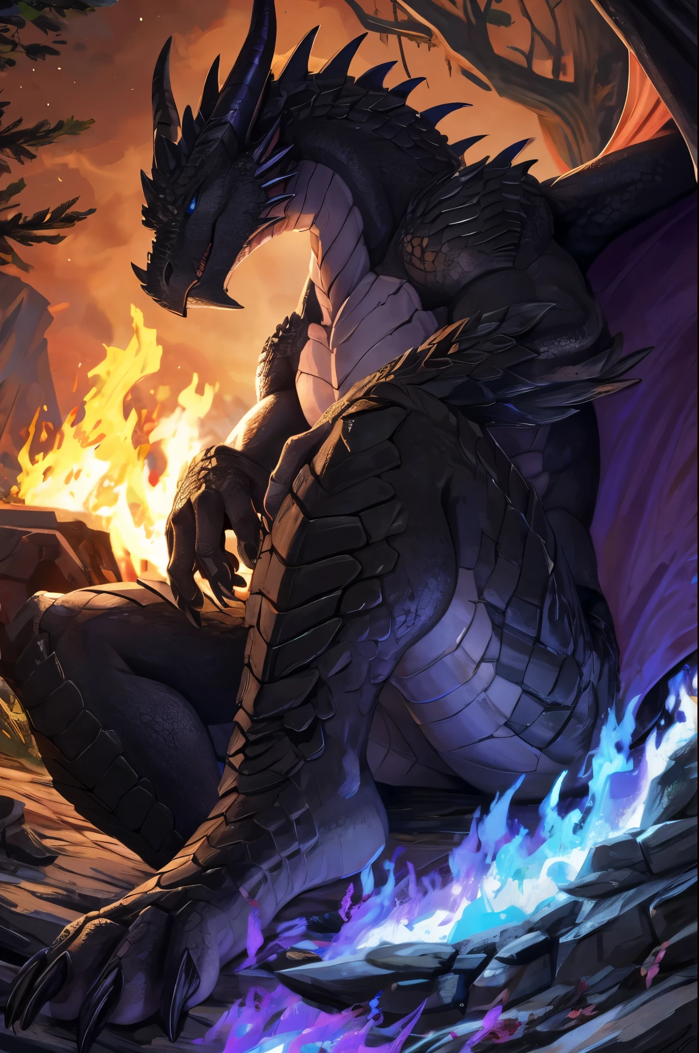Male Ice Dragon Orc,Hard black scales all over the body,Black scales on abdomen,All black,There is some blue light in the gaps between the scales,Sharp dragon claws,Thick tail,Dark purple wing membrane,Two meters tall,????? pupils,Blue Eyes,Black scales and sharp claws,The bottom of the paw is a soft black pad,No hair,The sky was dark,With faint starlight,The sky in the distance is not completely dark yet, there is still a hint of orange light,Located in the forest,Sit on the wood,Next to it is a fire,The soles of the feet are facing the camera, revealing the pads of the soles of the feet,Five toes,Facing the camera,Looking at the fire,Relax,8k,Two feet