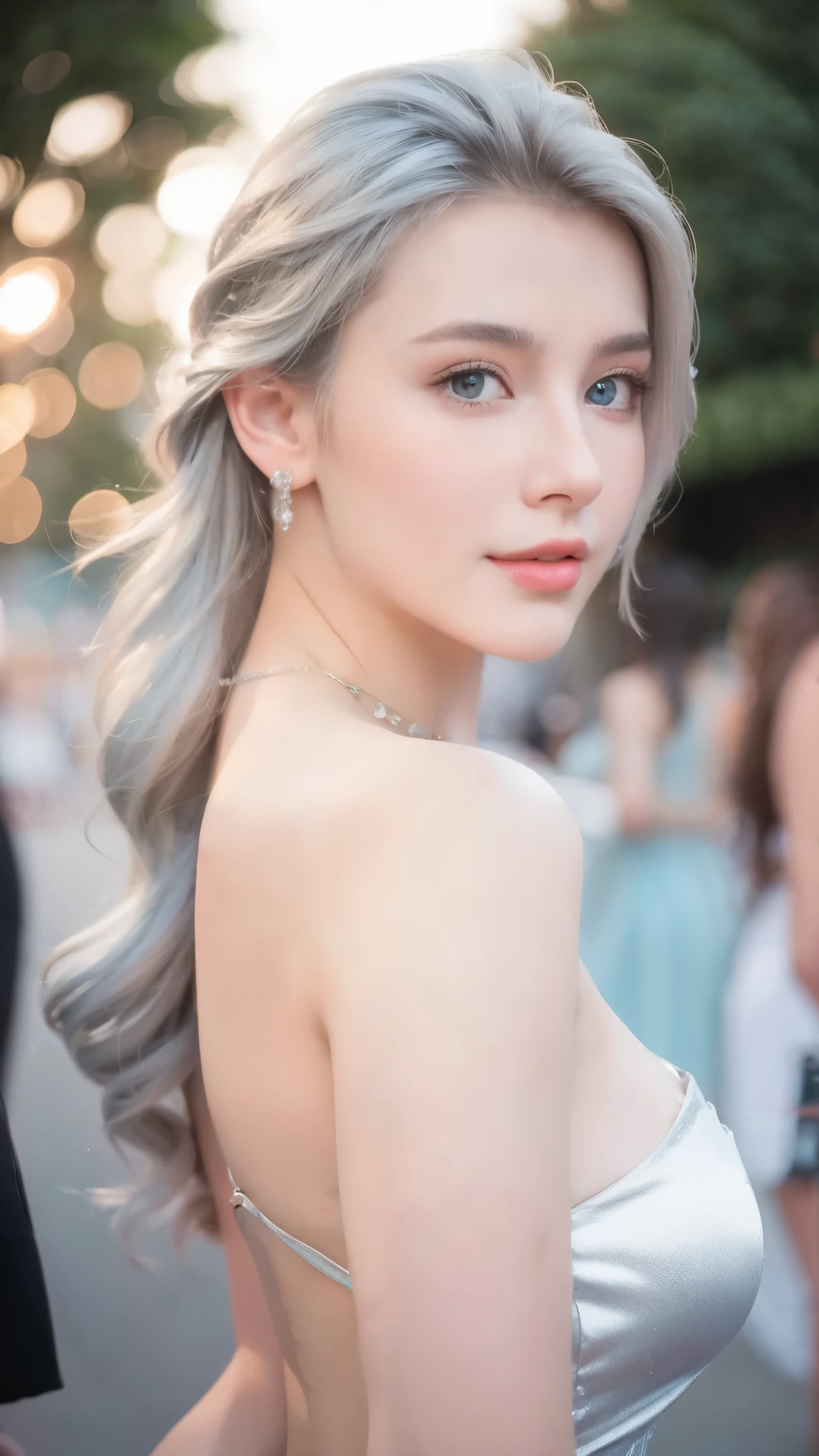 1 woman, beautiful, Young face, 20 years old, white skin, big breasts bare, sexy pose, Cocktail dress, blue eyes, muscle, Bokeh, Crowd background on the road, Masterpiece, ponytail, silver hair, Wear small silver earrings., wearing necklace, portrait