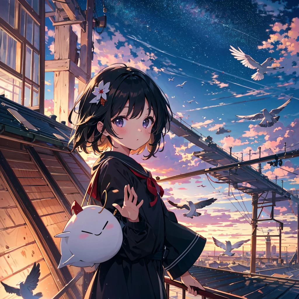 {{{Masterpiece, highest quality, high resolution background}}}, bright and beautiful atmosphere, 1 girl (7 years old, round face, baby face), small breasts, pigeon coop on the roof, many pigeons lined up neatly in the sky A carrier pigeon flies in the palm of a girl's hand, "deltamon_sdXL :0.73) >Deltamon"