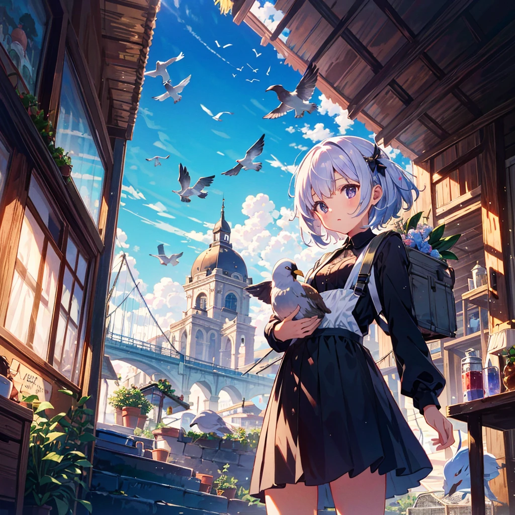 {{{Masterpiece, highest quality, high resolution background}}}, bright and beautiful atmosphere, 1 girl (7 years old, round face, baby face), small breasts, pigeon coop on the roof, many pigeons lined up neatly in the sky A carrier pigeon flies in the palm of a girl's hand, "deltamon_sdXL :0.73) >Deltamon"