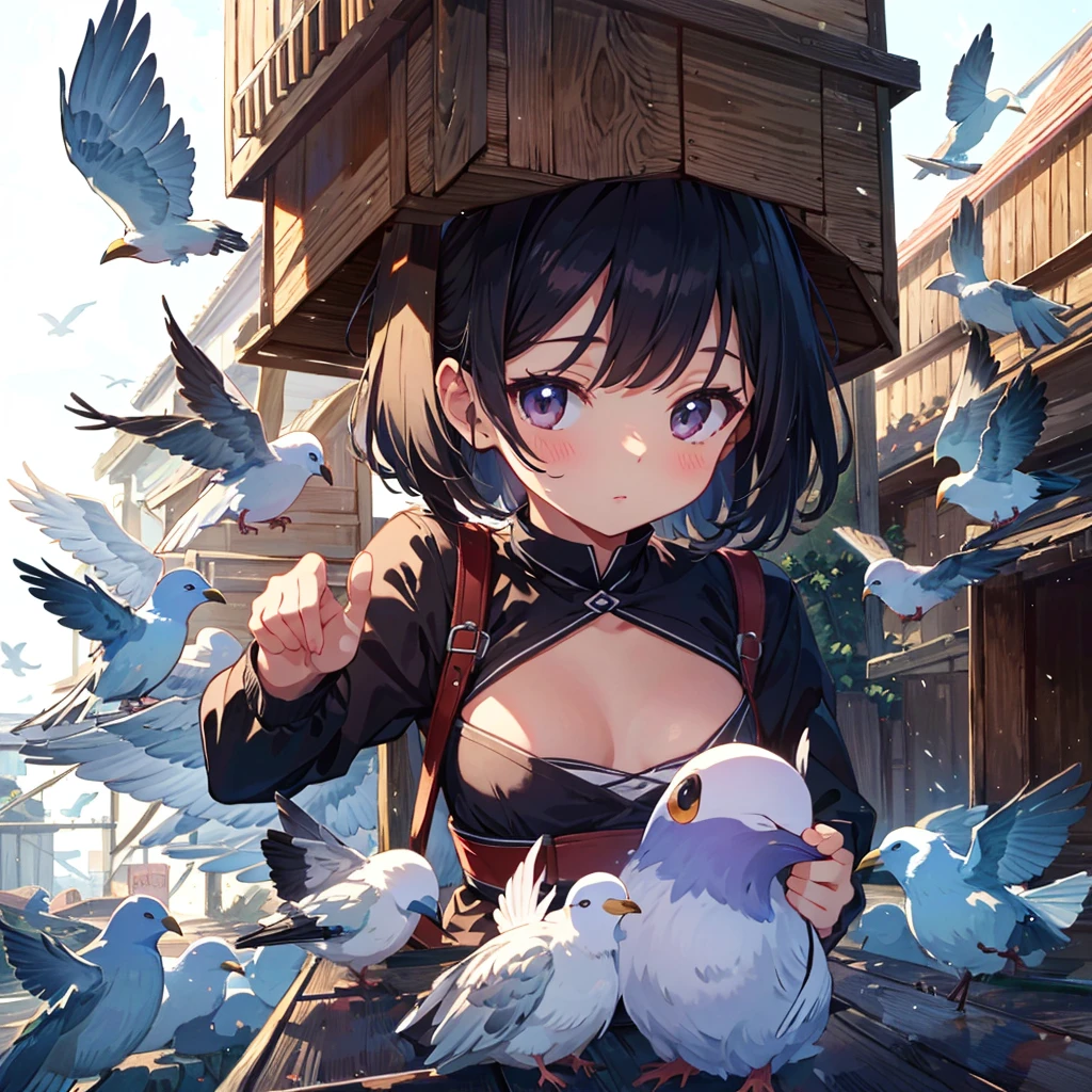 {{{Masterpiece, highest quality, high resolution background}}}, bright and beautiful atmosphere, 1 girl (, round face, baby face), small breasts, pigeon coop on the roof, many pigeons lined up neatly in the sky A carrier pigeon flies in the palm of a girl's hand, "deltamon_sdXL :0.73) >Deltamon"