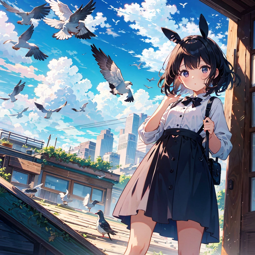 {{{Masterpiece, highest quality, high resolution background}}}, bright and beautiful atmosphere, 1 girl (7 , round face, baby facebreasts, pigeon coop on the roof, many pigeons lined up neatly in the sky A carrier pigeon flies in the palm of a girl's hand, "deltamon_sdXL :0.73) >Deltamon"
