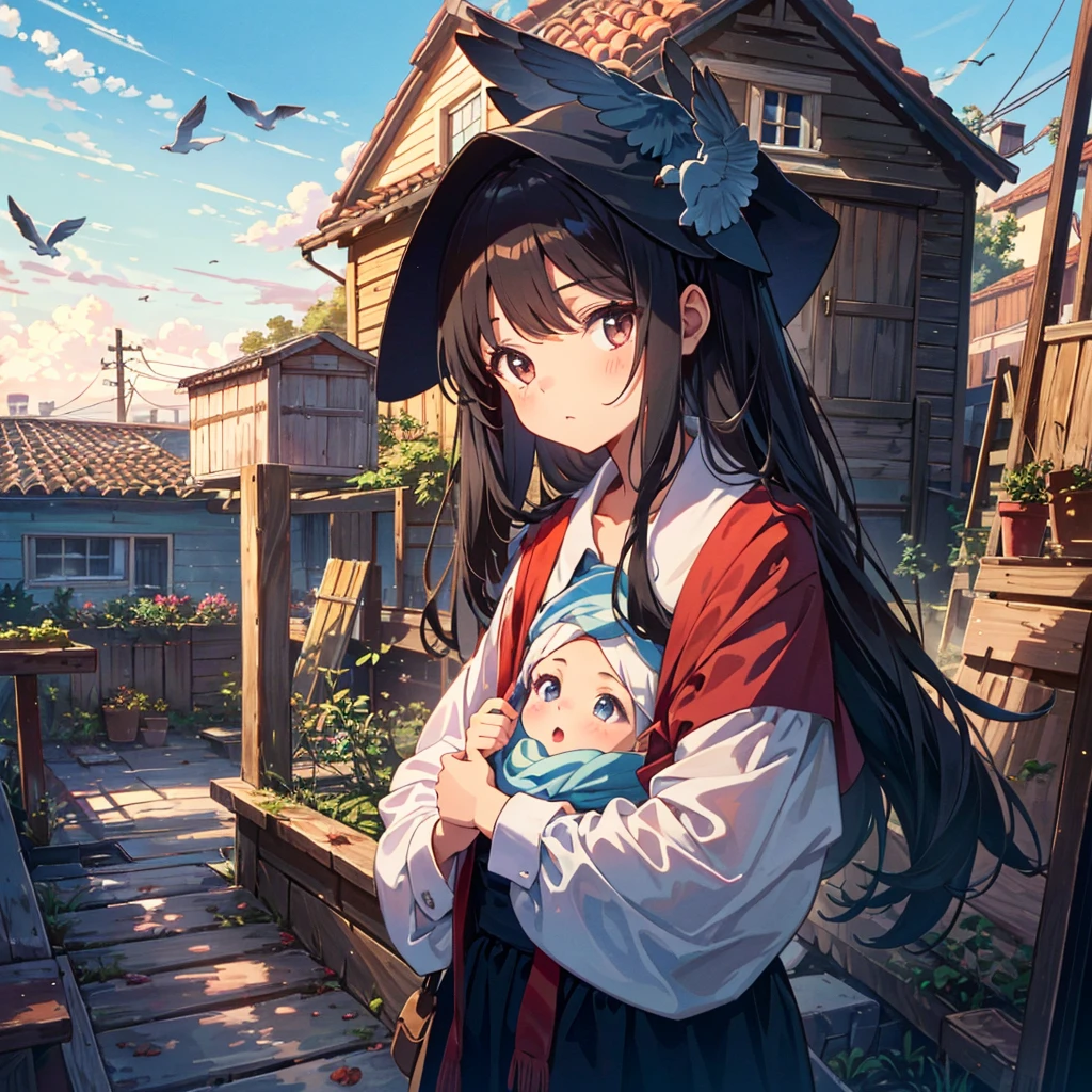 {{{Masterpiece, highest quality, high resolution background}}}, bright and beautiful atmosphere, 1 girl (7 years old, round face, baby face), small breasts, pigeon coop on the roof, many pigeons lined up neatly in the sky A carrier pigeon flies in the palm of a girl's hand, "deltamon_sdXL :0.73) >Deltamon"