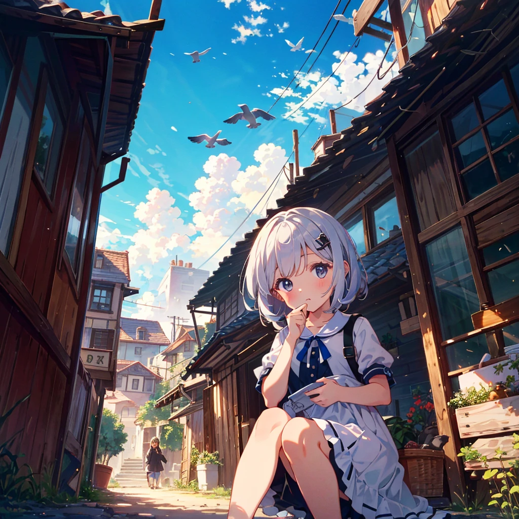 {{{Masterpiece, highest quality, high resolution background}}}, bright and beautiful atmosphere, 1 girl (7 years old, round face, baby face), small breasts, pigeon coop on the roof, many pigeons lined up neatly in the sky A carrier pigeon flies in the palm of a girl's hand, "deltamon_sdXL :0.73) >Deltamon"
