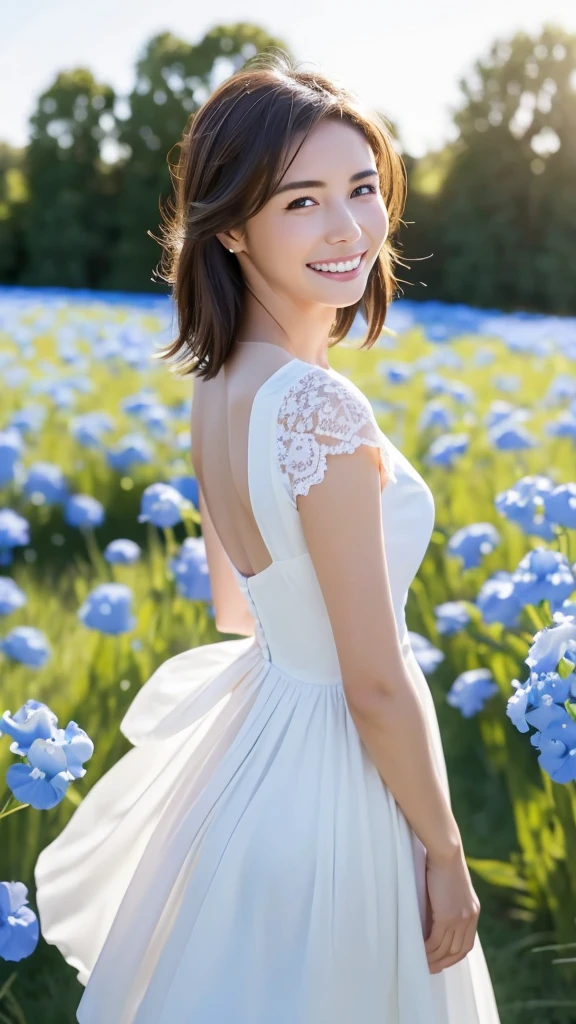 8k, highest quality, masterpiece, Realistic, Super detailed, photo Realistic, Improvement of quality, 
A photo of a girl in a white dress standing in a field of nemophila, Good style, Photobash, Calm face, Show me your white teeth, The best smile, Natural Beauty, Close-up shot,Looking back,Squint your eyes and smile