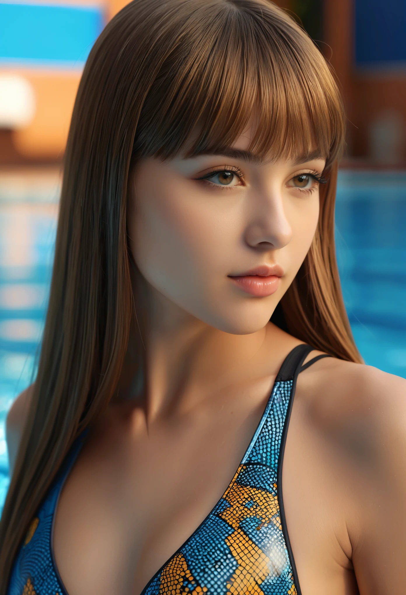 score_9, score_8_up, score_7_up, A beautiful and cute Ukrainian girl with long hair, 18yo, waist-high portrait from side, natural skin texture, high nose, beautiful eyebrows, (blunt bangs:1.1), detailed facial features, wearing futuristic swimming suit with fractal pattern, complex composition, high resolution, ultra-detailed, sharp focus, 4k textures, photorealistic, warm colors, natural lighting, magical realism style, intricate background, Yaiba, beautiful large hips, beautiful back, moist skin texture, no makeup, dark circles, toned body, in the pool, 