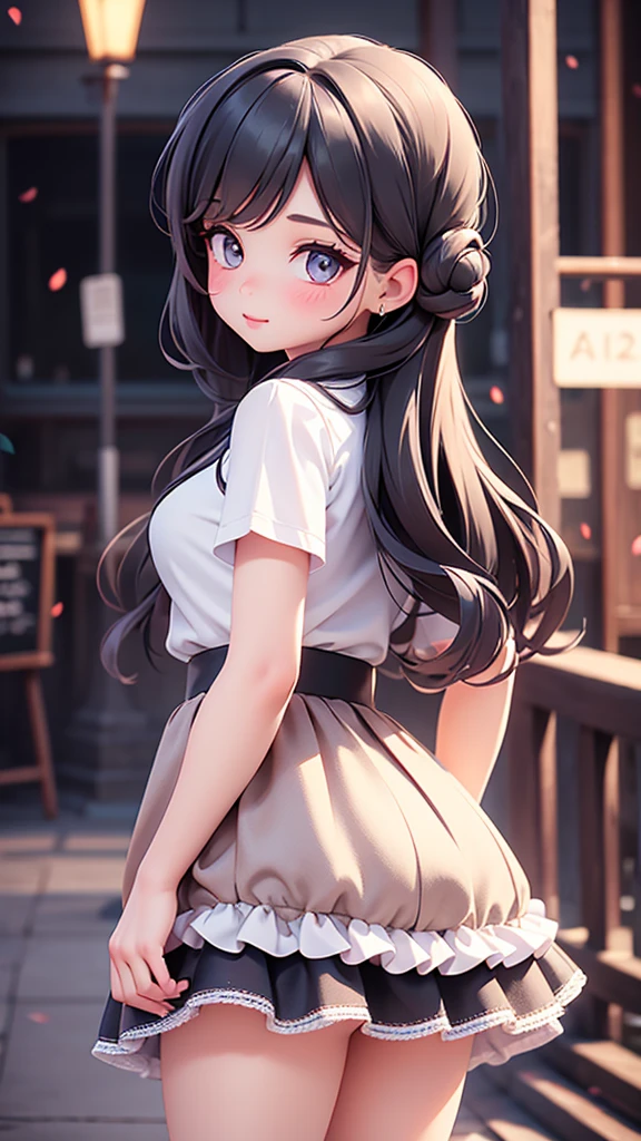 skirt lift ,One girl,Beautiful detailed girl, Attractive mature appearance, Look back over your shoulder, Beautiful attention to detail,Beautiful lip detail,Highly detailed eyes and face,Long eyelashes, (Hold the middle of the skirt with both hands:1.5, I can't see the panties), Highly detailed and accurate, Breaking the gaze of captivating disdain, Mischievous Smile, blush, (Low angle shot:1.5), ARW, Cute embarrassment, I can't see her panties but it looks like I can