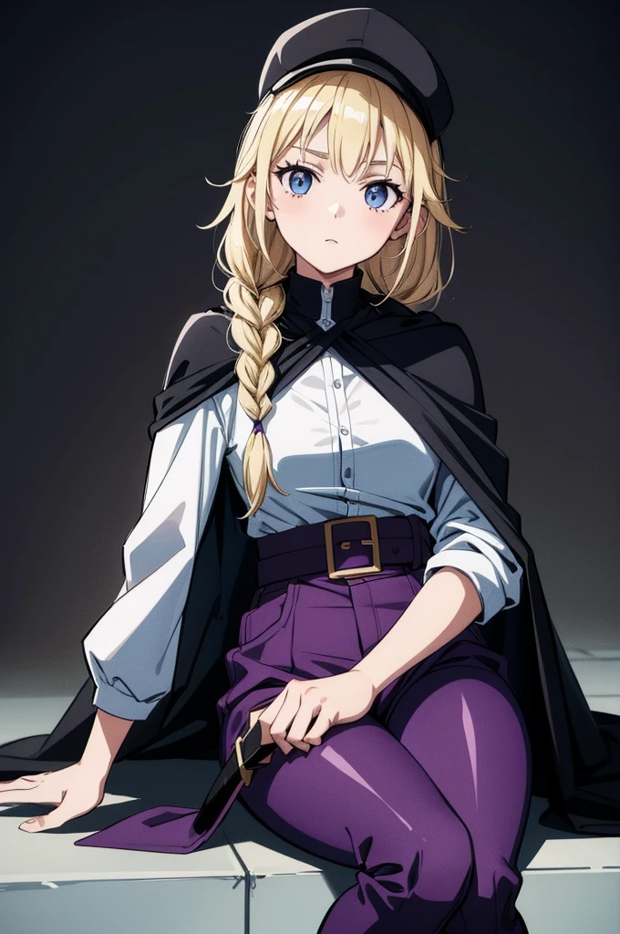 a black and white drawn and colored sketch of a woman wearing a sword, 1girl, monochrome, solo, greyscale, sitting, long hair,drawing of a female character with her hand on her waist, carrying a sword, cape, woman, alone, 1 woman standing, ((purple pants)), (white shirt), (black jacket), beautiful body, looking at the viewer, black background, strap for thigh highs, ((boots, black)), medieval clothing Eiko Tsukimi, blue eyes, braid, twin braid, blonde hair, baseball cap, 