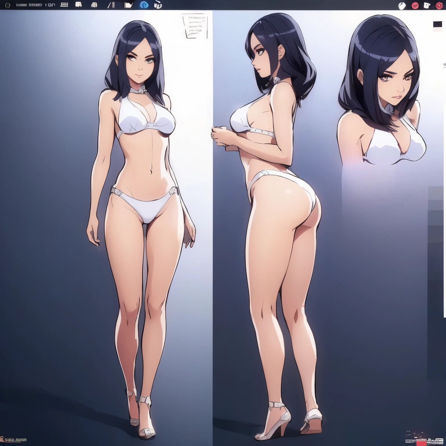 a beautiful young woman,1girl,skinny, full body view,front and side view profile,standing,wearing a white bikini,sandals,detailed face,beautiful eyes,long eyelashes,detailed facial features,detailed skin texture,(best quality,4k,8k,highres,masterpiece:1.2),ultra-detailed, character designer sheet, model sheet ,intricate details,dramatic lighting,vibrant colors,cinematic composition