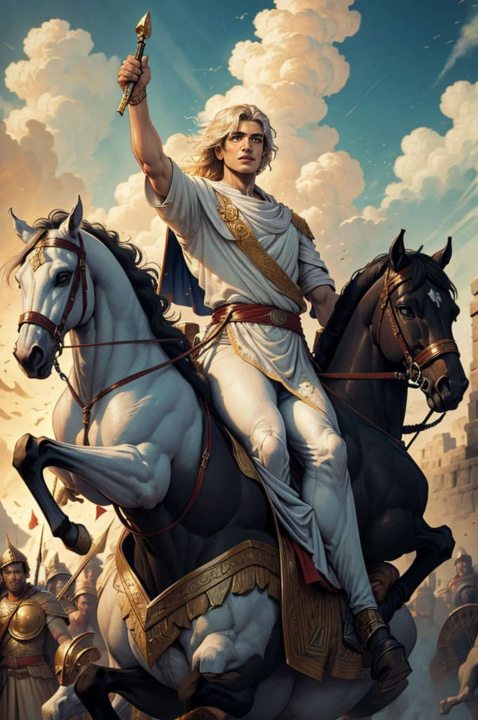 ((Best Quality)), ((artwork)), (detailed), Greek mythology,  Alexander the Great leading from the front, in white clothes and riding a black horse