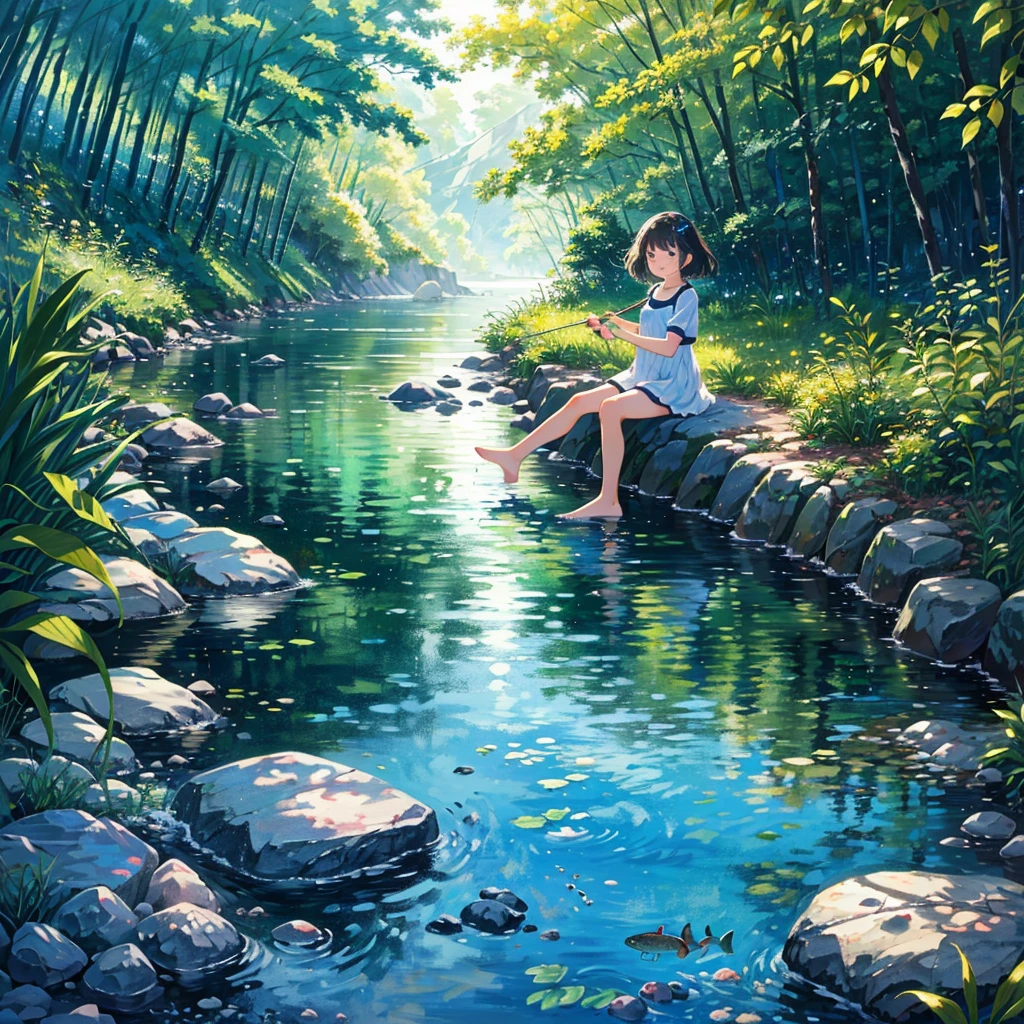 {{{Masterpiece, highest quality, high resolution background}}}, bright and beautiful atmosphere, 1 girl (7 , round face, baby facebreasts, very beautiful clear stream, girl enjoying fly fishing, rainbow trout coming from the river Bouncing, "deltamon_sdXL :0.73) >Deltamon"