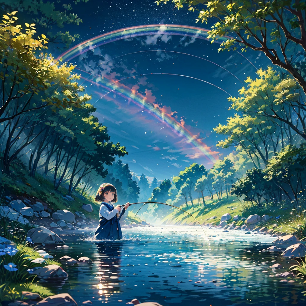 {{{Masterpiece, highest quality, high resolution background}}}, bright and beautiful atmosphere, 1 girl (7 years old, round face, baby face), small breasts, very beautiful clear stream, girl enjoying fly fishing, rainbow trout coming from the river Bouncing, "deltamon_sdXL :0.73) >Deltamon"
