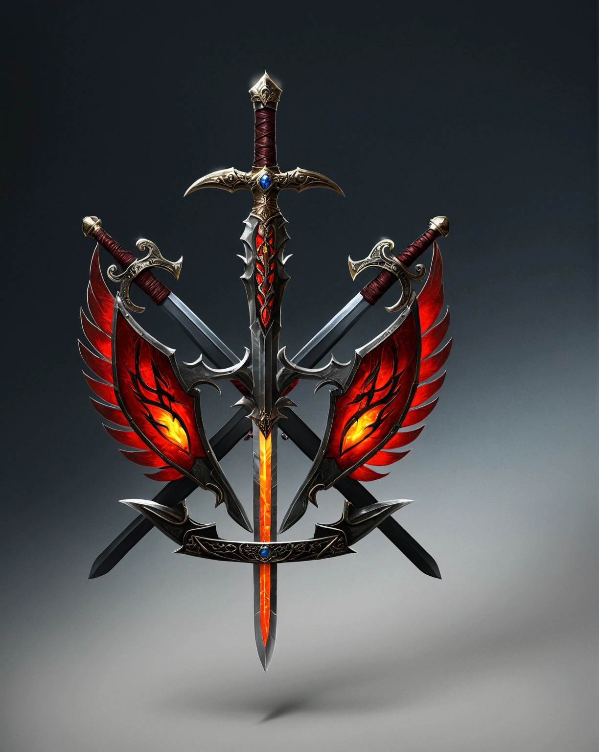 metals, with gems, fantasy, amazing、8 K、amazing、最high quality、very detailed、computer graphics、high quality、particle effects、Dynamic Effects、Text border depth、cinematic light、lens flare、Ray tracing、Real、ultra HD、Fantasy)、Fantastic beauty、be surprised、be surprisedful Крупный план меча с двумя крыльями и меча с мечом на нем, Drakenguard inspired, Order of the Flaming Shadow, Sword and shield, Sword design, Black and red fantasy sword, ideal fractions, , Metal Swords, symbol, Multiple Floating Swords, Dark Iron Sword, heraldry, sword and sorcery,