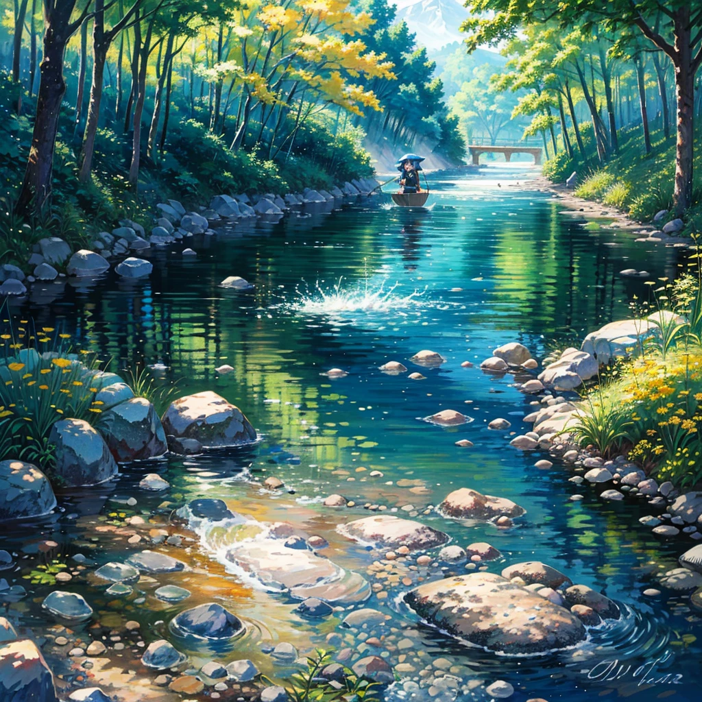 {{{Masterpiece, highest quality, high resolution background}}}, bright and beautiful atmosphere, 1 girl (7 , round face, baby facebreasts, very beautiful clear stream, girl enjoying fly fishing, rainbow trout coming from the river Bouncing, "deltamon_sdXL :0.73) >Deltamon"