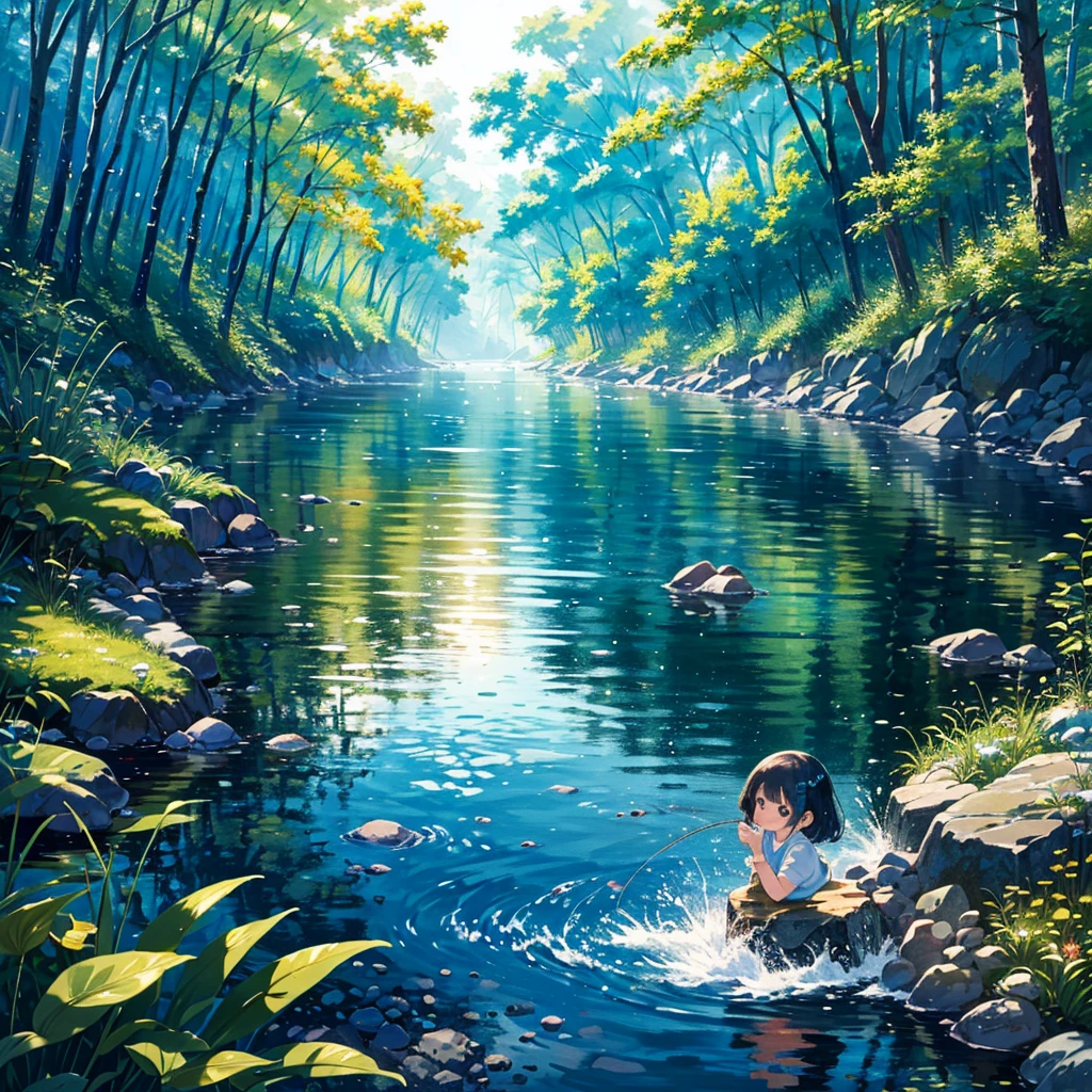 {{{Masterpiece, highest quality, high resolution background}}}, bright and beautiful atmosphere, 1 girl (7 years old, round face, baby face), small breasts, very beautiful clear stream, girl enjoying fly fishing, rainbow trout coming from the river Bouncing, "deltamon_sdXL :0.73) >Deltamon"