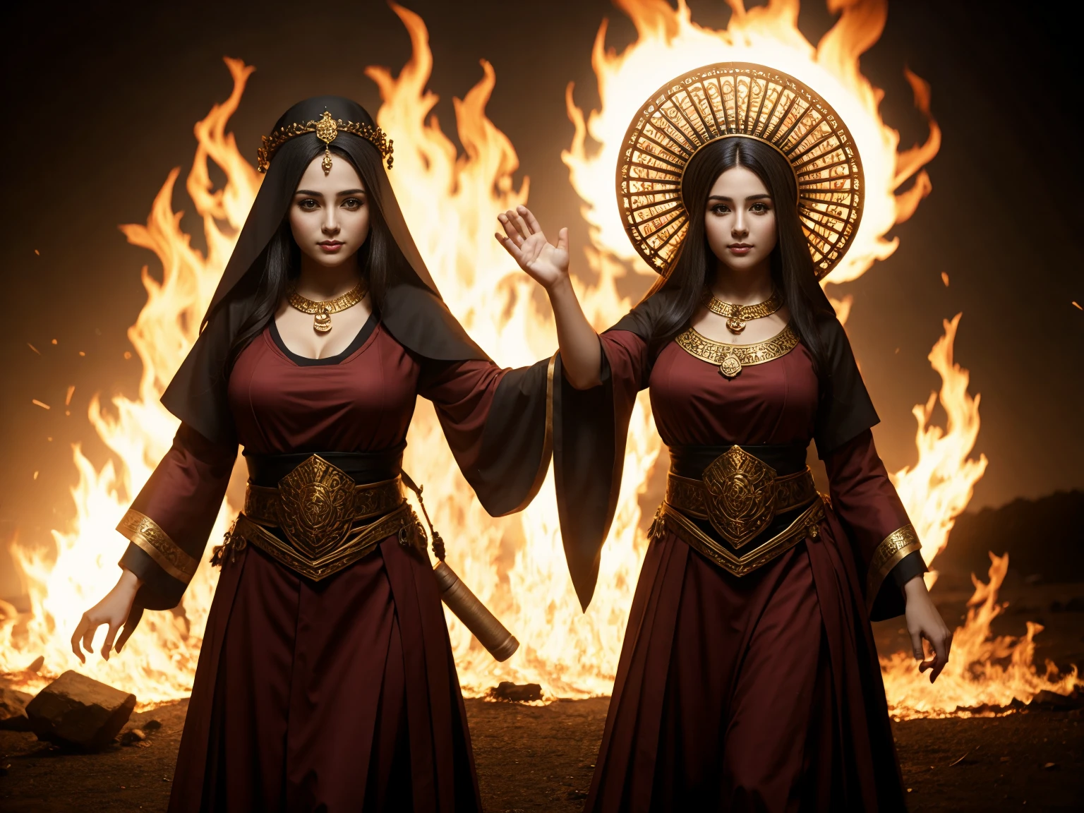 High Frequency: 1.8, Rich Detail, Masterpiece, 8K, Beautiful Priestess in Pink Shirt Standing in front of Fire, Dancing, Hands Waving Fan, Fan on Fire, Flames Surround Priestessess, Burning Battlefield Background,  