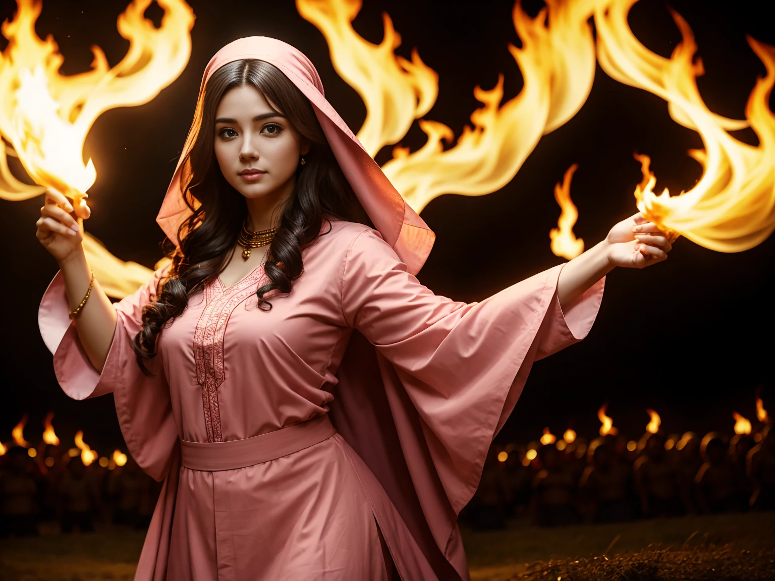 High Frequency: 1.8, Rich Detail, Masterpiece, 8K, Beautiful Priestess in Pink Shirt Standing in front of Fire, Dancing, Hands Waving Fan, Fan on Fire, Flames Surround Priestessess, Burning Battlefield Background,  