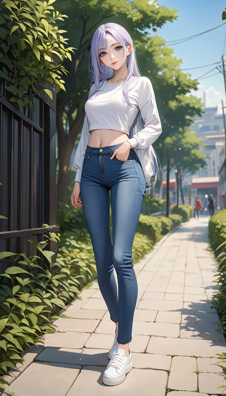 ((best quality, masterpiece:1.3, 8K)), (detailed), highly detailed face and skin texture, detailed eyes, full body, outdoor, (slender body:1.1), 1girl, (solo), (18+ years old), white skin, bright lips, seductive smile, long hair, minimalist outfit, medium breast, (jeans pants),