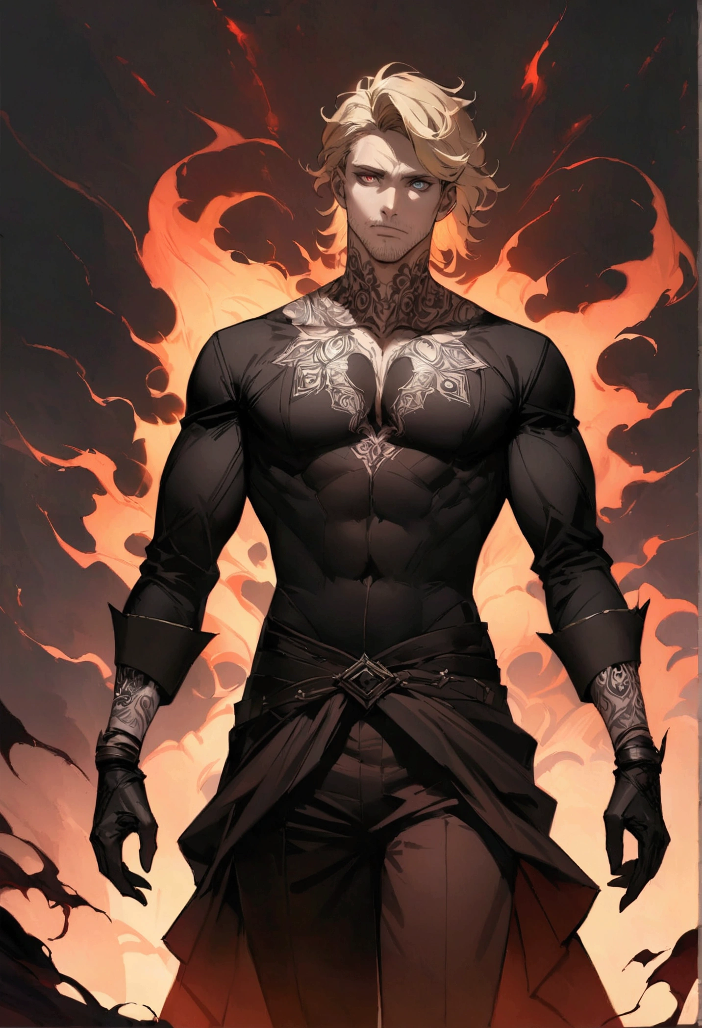 Pale skin and a gaunt face. Romanian ethnicity with messy blond hair and Stubble on chin. Wearing a black suit and black shirt, with intense almond eyes smoldering. A sense of power and authority. A rugged appearance. Young man. tiered eyes, "lean physique" ,"concept art," , "high detail", "high-res", "ominous aura,", "8k resolution", "oil painting", "darker tone" , "little saturation" ,"dark feeling", "concept art" , "detailed features" , "detailed eyes" (masterpiece), highest quality, "Expressive eyes", "tattooed neck" ,"highest quality", (masterpiece),