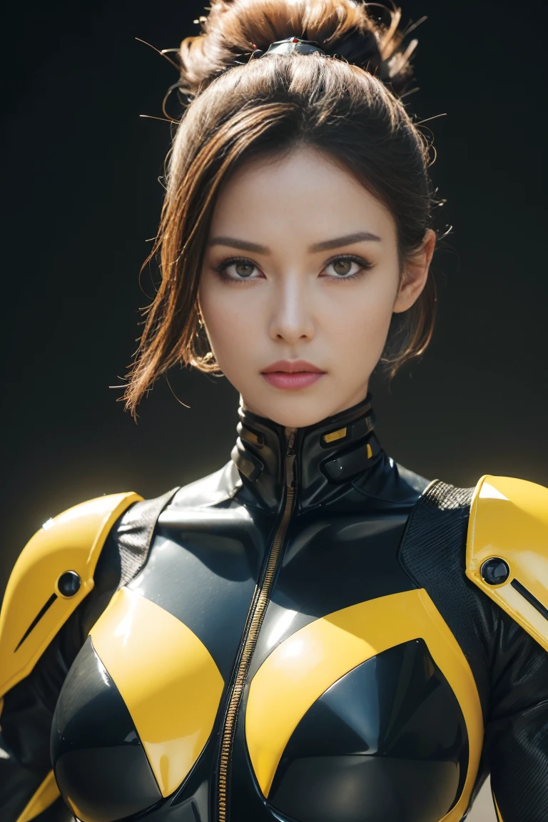 (Best Quality, 4K, 8K, High Definition, Masterpiece: 1.2), (Super Detailed, Realistic, Photorealistic: 1.37), An intimidating fighting android woman combined with a human woman and a hornet, a helmet in the shape of a wasp face, made in a yellow-black red color scheme such as a hornet, huge faceted eyes and futuristic technology, antennae antennae and fighting mandibles ((NSFW:1.3)