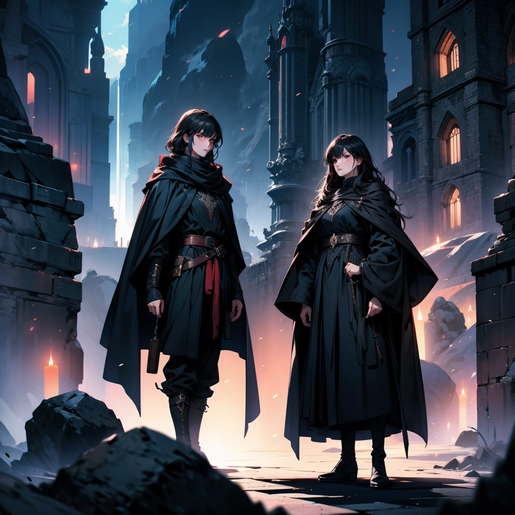 color ink drawing in dark fantasy style: full-length assassin girl, dark hair, black clothes and cloak, soft flat boots.