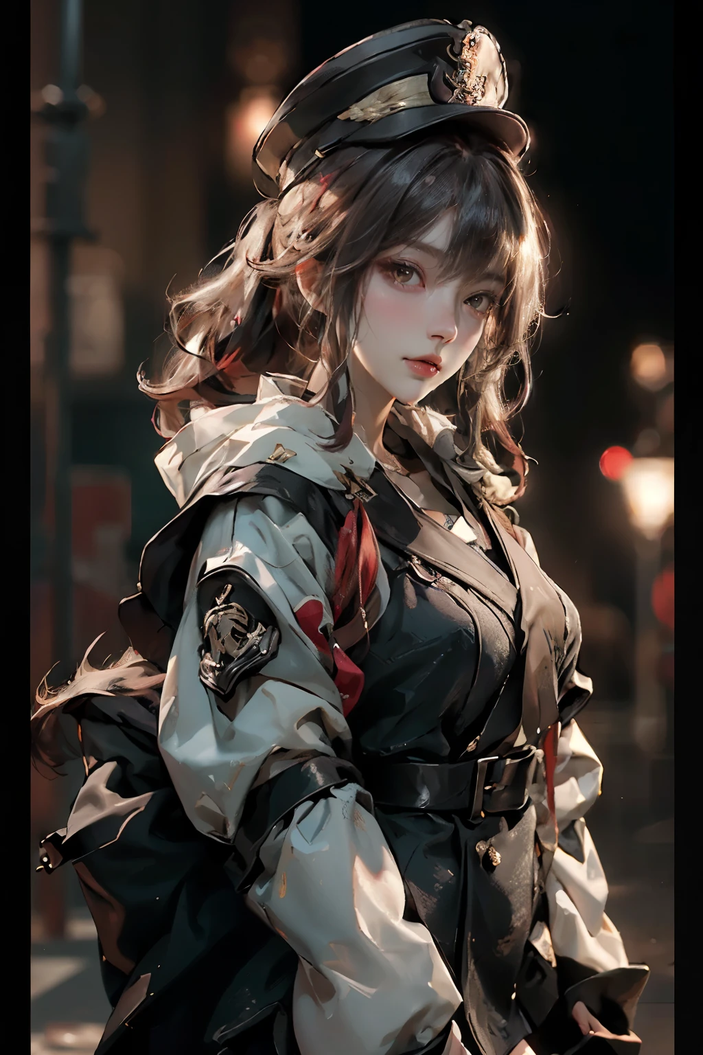 ((best quality)), ((Masterpiece)), (details:1.4), 3d, Image of a beautiful cyberpunk woman., HDR (high dynamic range), mature woman, เหมือนจริง, High ponytails, Red hair, red eyes, future police, PBR surface, After processing, Anisotropic filtration,depth of field, Maximum clarity and clarity, multi-layered surface, perfect proportions, 8K raw files, cyberpunk, at night, ผมหลายชั้น, short skirt, natural lighting, soft lighting, sunlight, หน้าอกใหญ่, a woman wearing a black gothic style military uniform, black military hat with gold details, iron cross symbol on the military hat,
