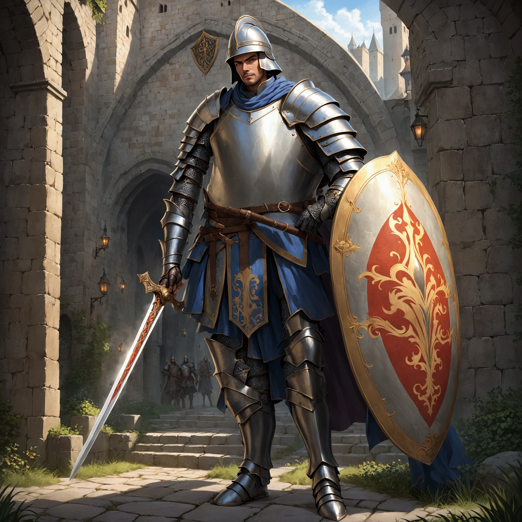 A man(Soldiers of medieval Europe),Wear a helmet,Wearing armor,Holding a sword,Holding a shield,Stand at the city gate。Mid-ground composition,Full body pictures,Characters and scenes,Anime style,Magic: The Gathering Style,Suitable for card illustrations。HD,4K。