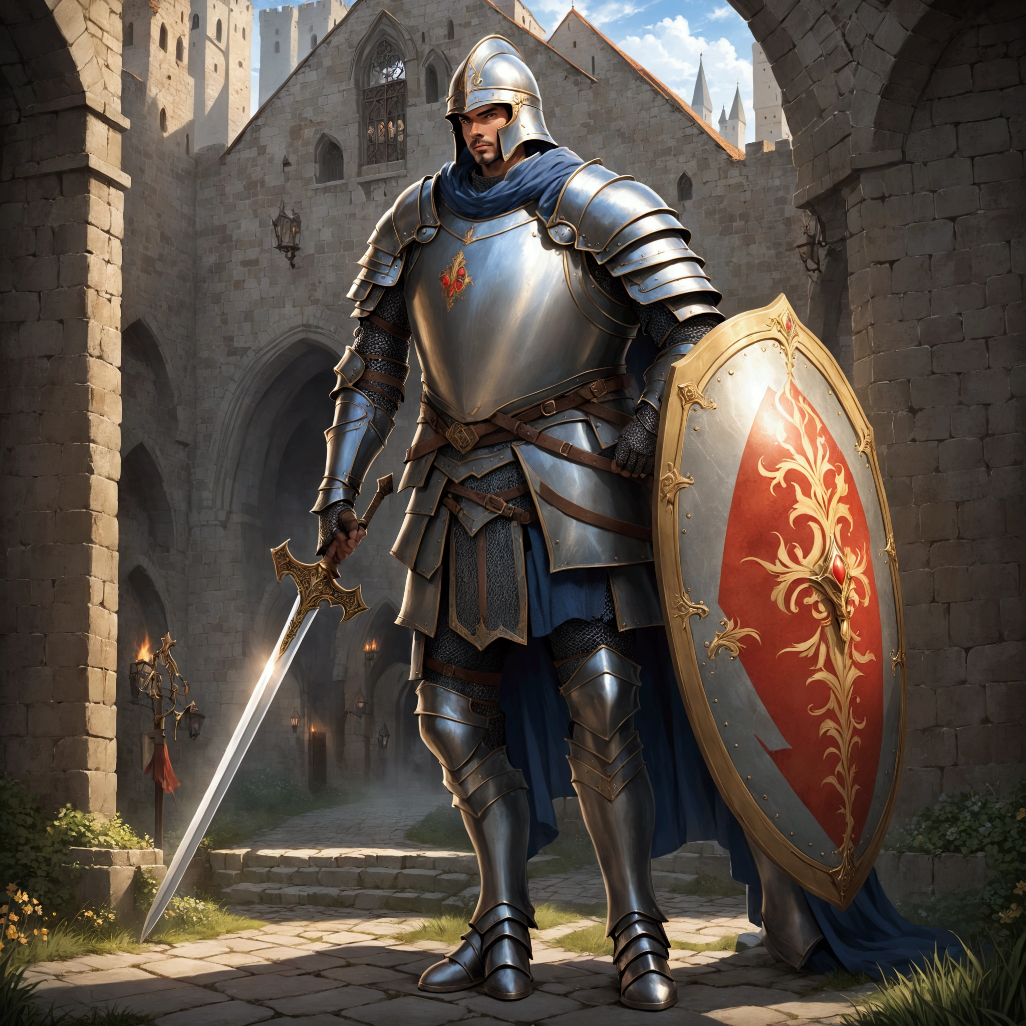 A man(Soldiers of medieval Europe)，Wear a helmet，Wearing armor，Holding a sword，Holding a shield，Stand at the city gate。Mid-ground composition，Full body pictures，Characters and scenes，Anime style，Magic: The Gathering Style，Suitable for card illustrations。HD，4K。