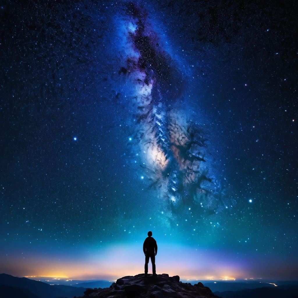 a man standing on a mountain looking at the night sky, looking out into the cosmos, looking out into space, outreaching the cosmic cloudscape, universe in the sky, looking at the sky, lost in the immensity of space, whatching outer space, the universe and everything, amazing wallpaper, end of the universe, on a galaxy looking background, the universe