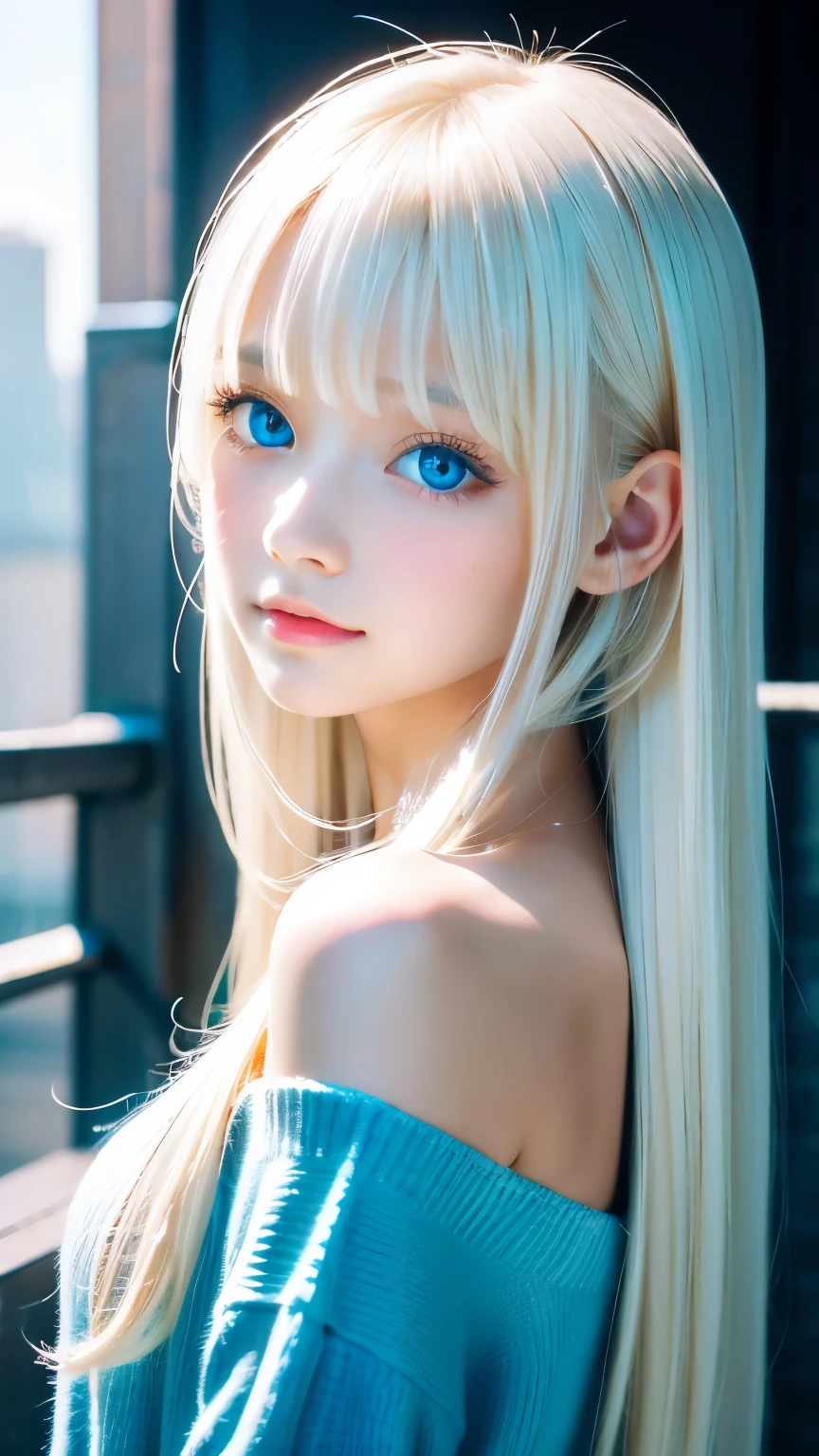 Beautiful white and shining skin, 3 Up, Unparalleled beauty, bright, Refreshing and gentle look, Perfect beautiful pretty face、Shiny platinum blonde silky long straight hair, Beautiful shiny bangs, A very beautiful and beautiful 17 year old girl, eyeliner, so perfect and beautiful、big, Clear sky blue eyes、とても美しいbright目のハイライト