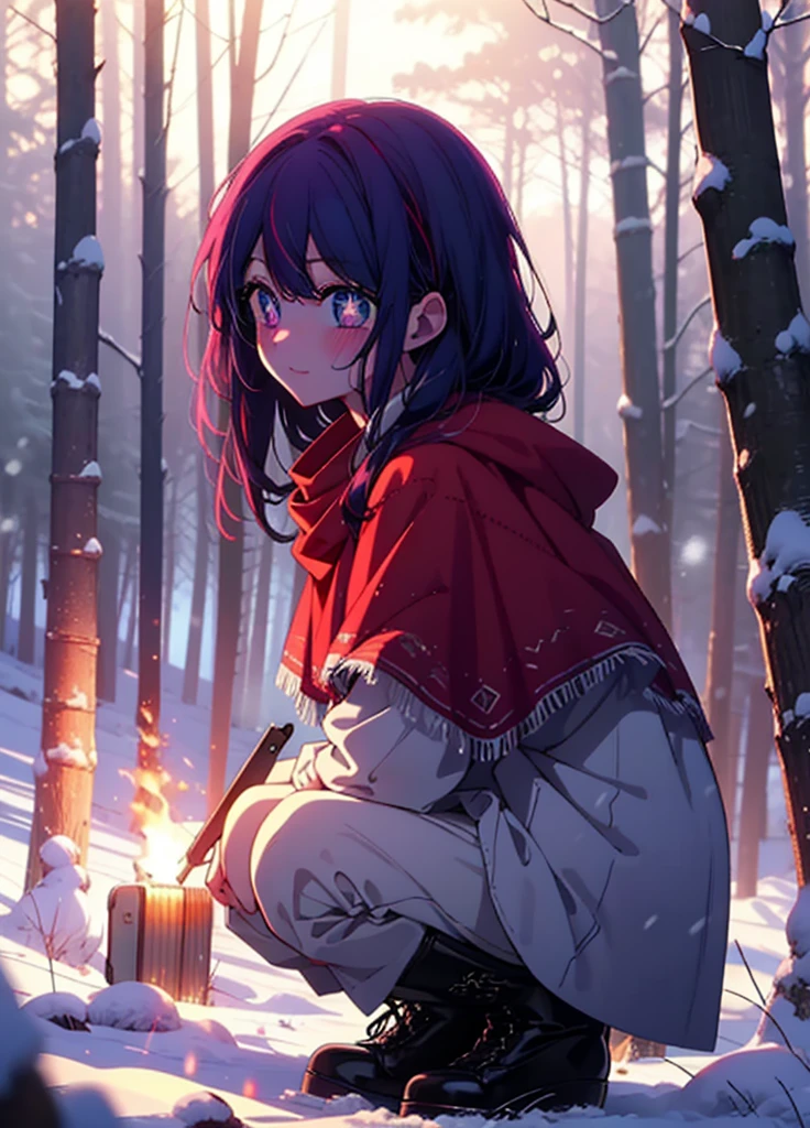 aihoshino, Ai Hoshino, Long Hair, bangs, (Purple eyes:1.1), Purple Hair, (Symbol-shaped pupil:1.5), smile,,smile,blush,white breath,
Open your mouth,snow,Ground bonfire, Outdoor, boots, snowing, From the side, wood, suitcase, Cape, Blurred, , forest, White handbag, nature,  Squat, Mouth closed, Cape, winter, Written boundary depth, Black shoes, red Cape break looking at viewer, Upper Body, whole body, break Outdoor, forest, nature, break (masterpiece:1.2), Highest quality, High resolution, unity 8k wallpaper, (shape:0.8), (Beautiful and beautiful eyes:1.6), Highly detailed face, Perfect lighting, Highly detailed CG, (Perfect hands, Perfect Anatomy),