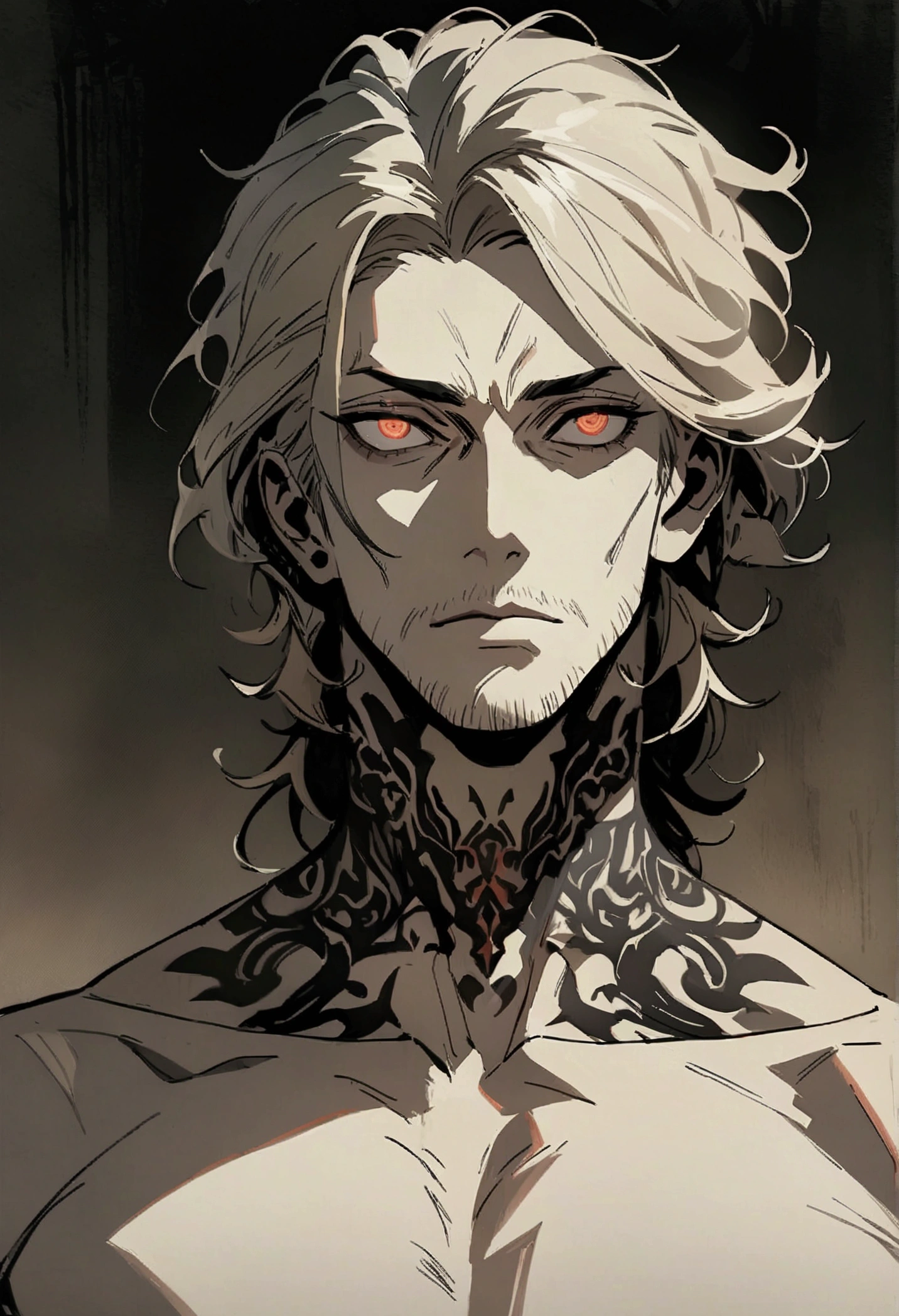 Man with long hair and wolf tattoo.