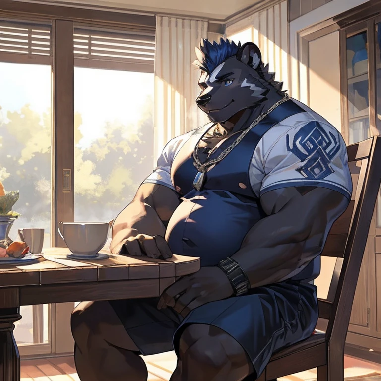 solo, anthro, furry, furry male, skunk,((short fur,furry, shaggy fur, opaque fur)), (skunk print), black pupils, white sclera, black body, black fur, black muzzle, black fur on face, indigo eye, big skunk tail, detailed fur, detailed face, detailed eyes, (open indigo vest, indigo armband, tight Bermuda shorts), dining room, apartment, (by null-ghost,by raccoon21, masterpiece, high quality, hi-res, 8k, hd, dark), sitting, wooden chair, table, looking at viewer, day, gentle expression, musclegut skunk man, muscular, big belly, fat belly, obese belly, pillowy pectorals, soft pectorals, big pectorals, weight-lifter build, broad shoulders, black fur, indigo eyes, pink pawpads, mid 30s, relaxed, lazy, indigo smoke, Mohawk, no accessories, no necklaces
