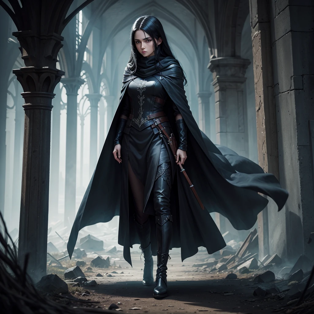 color ink drawing in dark fantasy style: full-length assassin girl, dark hair, black clothes and cloak, soft flat boots.