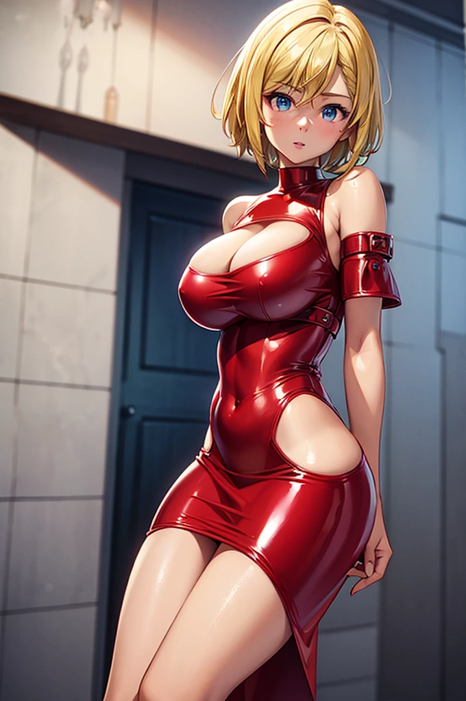 Blonde girl with short hair, blue eyes, wearing a red latex dress, with openings on the sides held by strings, with huge cleavage, defined and shiny breasts 